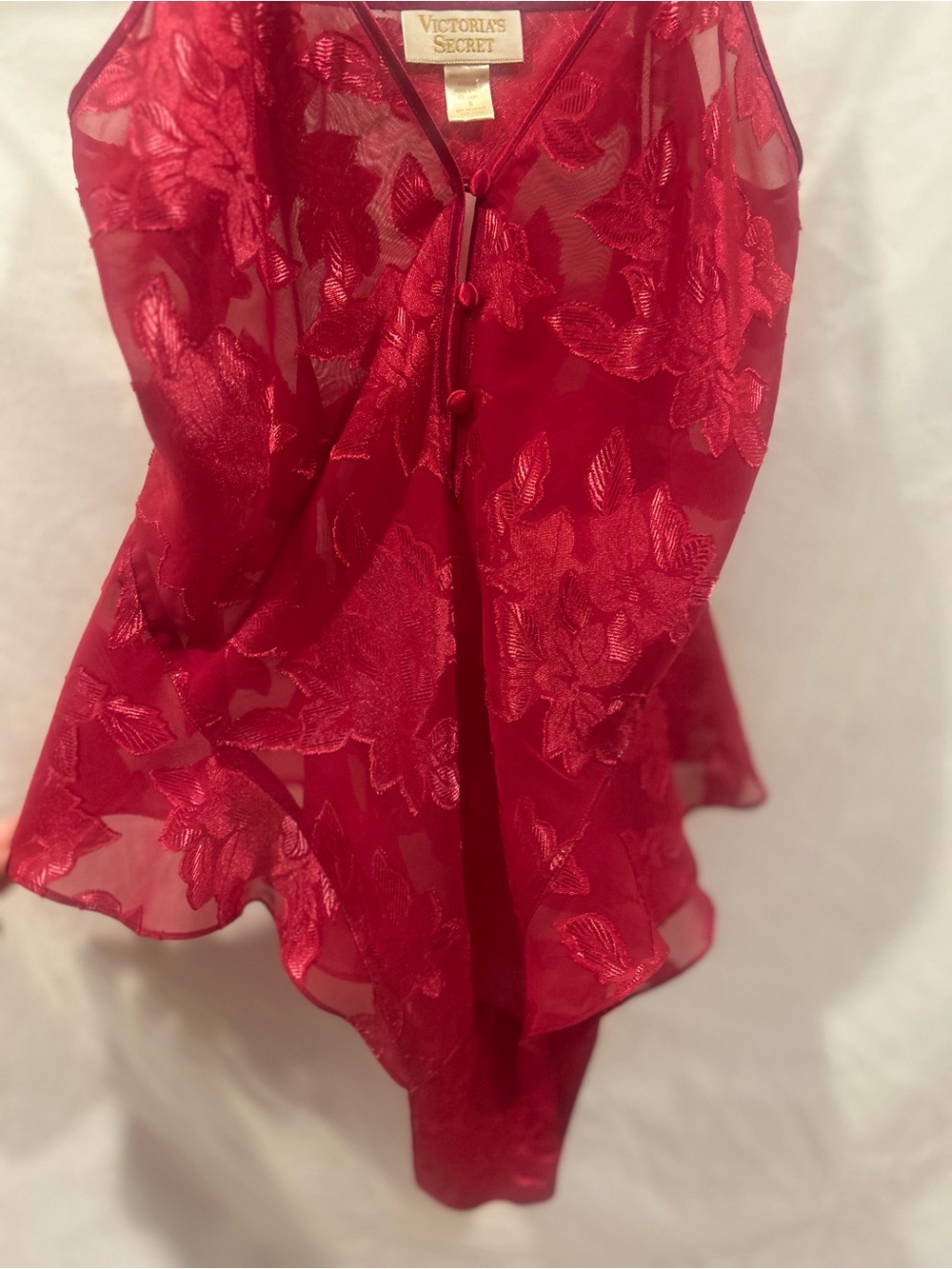 Victoria's Secret Vintage Gold Label Red Floral Sheer Lace Chemise Top